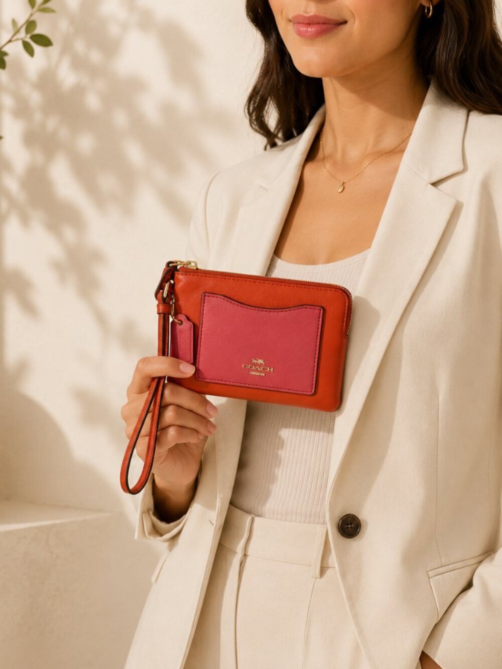 Coach pink orange Leather Zip Wristlet Clutch Wallet Pouch